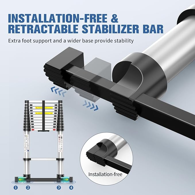 12.5FT Telescoping Ladder, 330lb Capacity Aluminum Heavy-Duty Extension Ladder with Anti-Slip Steps for Secure Attic Access, Roof, and Home Renovation Projects