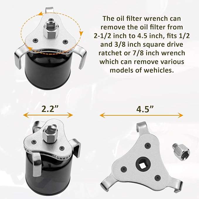Universal Adjustable Oil Filter Wrench 2.5" to 4.5" - 3 Jaws Oil Filter Wrench Tool Set Remover Socket (Black)