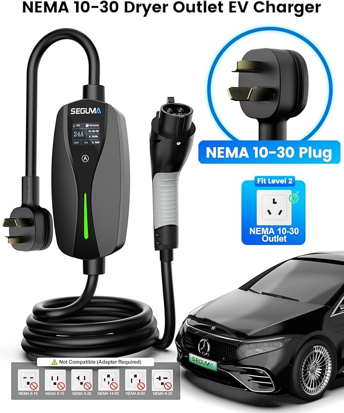 Level 2 EV Charger with NEMA 10-30 Plug, 24Amp 240V, 25FT Extension Cord, Adjustable Current (10-24A), Portable Home Mobile Dryer EV Charger for J1772 Electric Vehicles, Fits 3-Prong Dryer Outlet