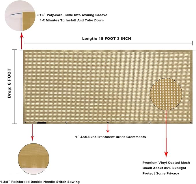 Tentproinc RV Awning Sun Shade Screen 8' X 18' 3'' (Fit for 19' Awning) Mesh Sunshade for RV Awning Sunscreen Motorhome Camping Trailer Awning Shadescreen Block UV Glare - 3 Year Warranty (Beige)