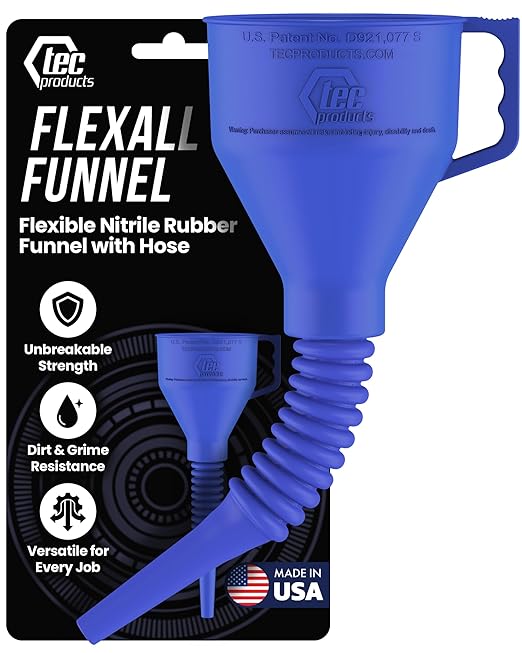 TEC Products FlexAll Long Flexible Funnel for Automotive Use - Durable Nitrile Rubber - Ideal for Car Oil Change, Transmission Funnel Fluid, Diesel, Fuel, Gas - Made in USA - Blue (16 x 5 Inches)