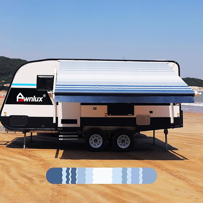 AWNLUX RV Awning Fabric Replacement Waterproof Vinyl Shade Screen for Awnings Camping Universal Fit Fabric Sun Shade UV Sun Blocker Canopy RV Awning Shade Shelter Blue Strip-20'(Fabric 19'2")