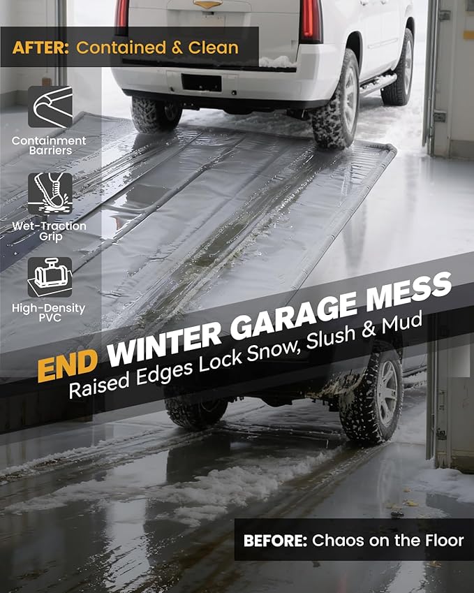 Garage Floor Mat, Containment Mats for Under Car with Raised Edge Waterproof, Non-Slip Heavy-Duty 1000D PVC for Floor Against Snow, Rain & Mud