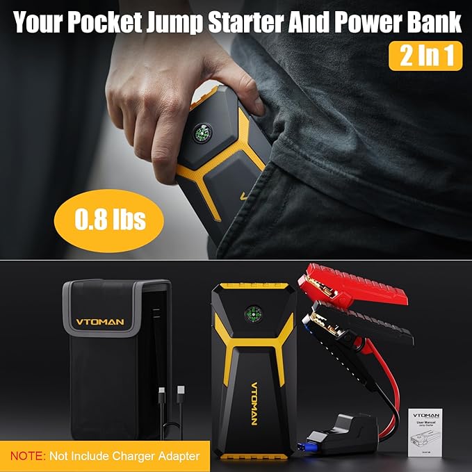 VTOMAN V6 Pro Jump Starter, 2000A Car Battery Jumper Starter Portable for 7L Gas/5L Diesel Engines, Jump Box,12V Auto Jump Start Battery Pack, Lithium Booster Pack, Portable Charger and Jumper Cables