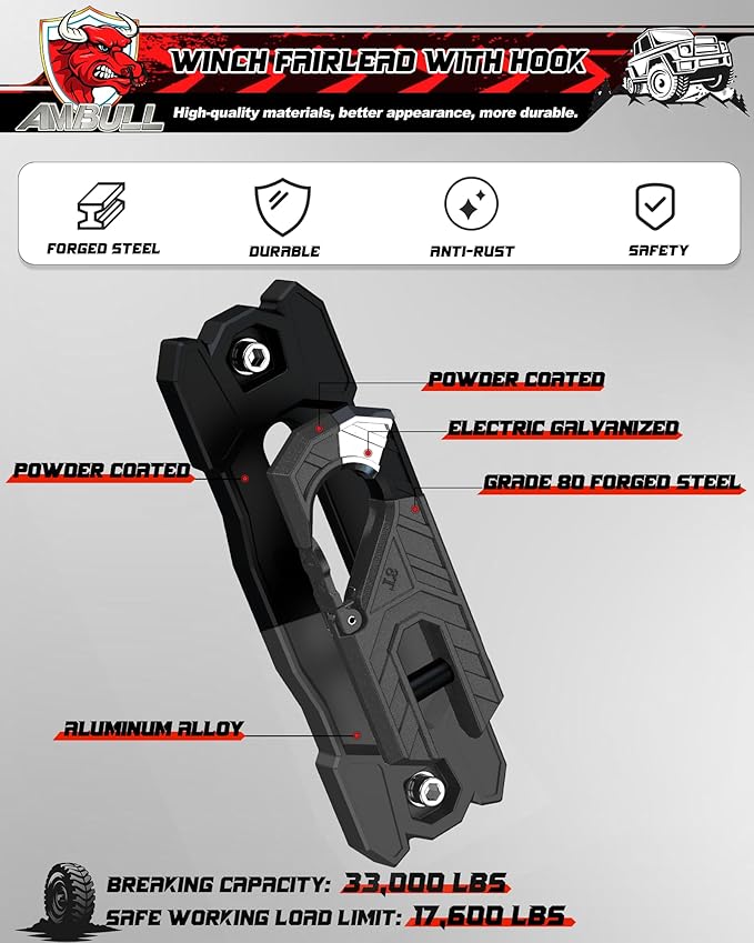 Winch Fairlead with Tow Hook, Aluminum Hawse Fairlead with Grade 80 Forged Steel Winch Hook, 33000lb Break Strength Winch Fairlead Hook Set for Off-Road Vehicle Recovery, BlackBlack