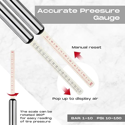 Tallew 10 Pack Tire Pressure Gauge Silver Heavy Duty Air Pressure Tire Gauge Dual Head Semi Truck Tire Pressure Gauge Range 10-150 Psi, Extended Tube Tire Gauge Suitable for Semi Truck, and Bus