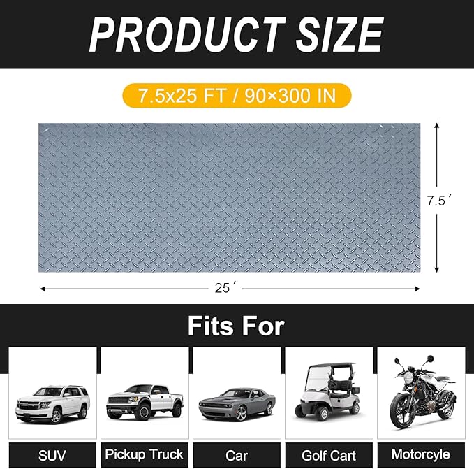 7.5x25 FT Garage Floor Mat, Updated 2.8mm Thicked Flooring Roll with 20Pcs Tapes, 188 sqft Diamond Plate PVC Rubber Trailer Mat, Non-Slip Floor Protector Mat for Garage Warehouse Gyms (Matte Grey)