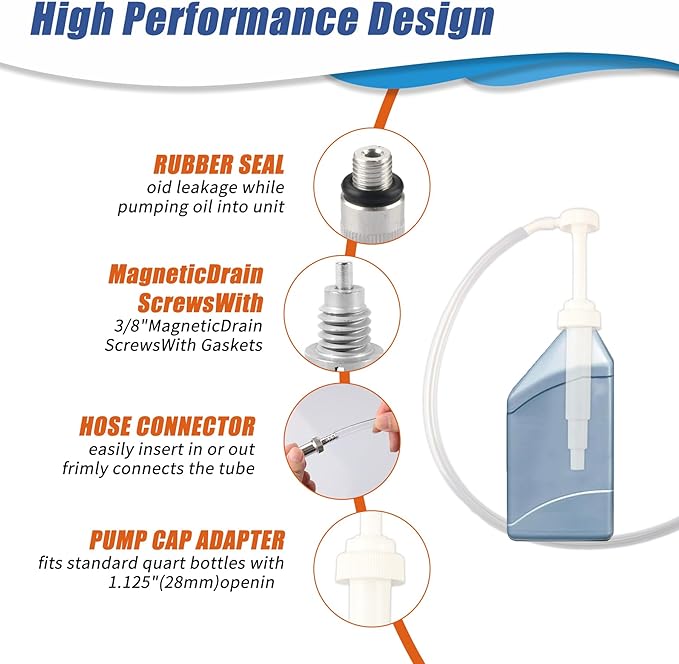 Upgrade Lower Unit Gear Oil Pump with 1x Magnetic Drain Screw for Standard Quart Bottles compatible with 3/8in 8mm 10mm Metal Adapter, Widely Fit for Marine Outboards Units (10cc)
