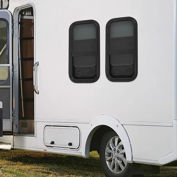2PCs RV Window, Teardrop Horizontal Slide Black RV Window, Vertical Sliding RV Window 12" W x 24" H Horizontal Sliding Window Camper Trailer Window Horizontal Sliding Replacement Glass W/Trim Ring