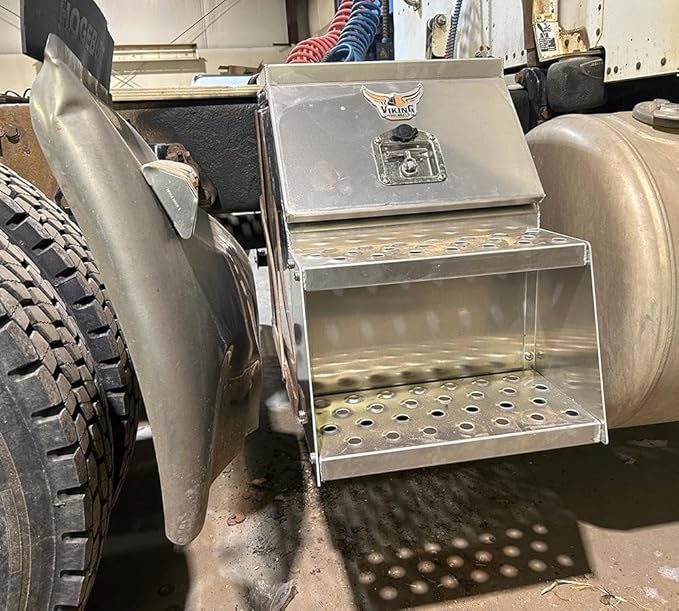Mytee Products 24.5"x28.4"x15" Aluminum Side Mount Semi Truck Tool Box with Saddle Step Open Wide Design & T-Handle Latch Lock - Heavy Duty Weather Tight Step Tool Box for Flatbed Trailer