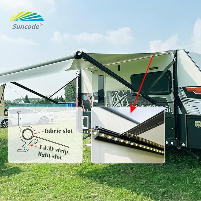 Suncode Black Motorized RV Awning Modular Retractable RV Awning Complete Kit for RV,5th Wheel,Travel Trailers,Toy Haulers,and Motorhome RV Trailer Awning for Home or Camper-11x8Ft-Black Strip