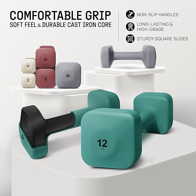 Yes4All Square Neoprene Dumbbell Set for Women/Men, Workout Hand Weight Dumbbells Set of 2, 2lb - 20lb with 4 Colors, Anti-Roll, Anti-Slip Exercise Dumbbells Weights for Home Gym,