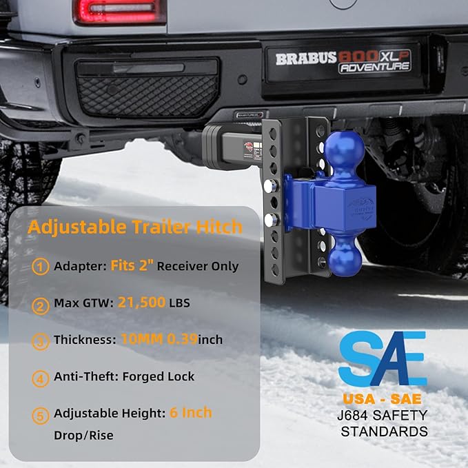 Adjustable Trailer Hitch -Drop Hitch (Fits 2-Inch Receiver) -6" Drop/Rise Tow Hitch, 2" & 2-5/16" Ball Hitches for Trucks -21,500 GTW Hitch Ball Mount with Anti-Theft Locking Hitch Pins