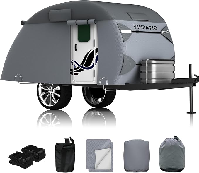 VINPATIO Teardrop Camper Cover - Fits 12'-15' Trailers, 7 Layers Top Heavy Duty with Windproof Strap, RV Cover