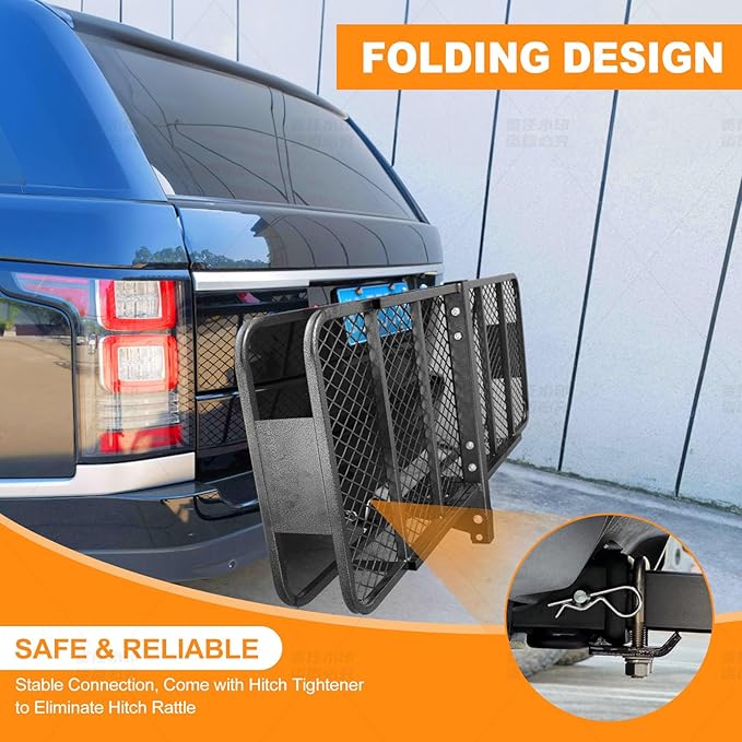 500LBS Folding Hitch Mount Cargo Carrier Basket 60x20x6” with 58x24x19 Waterproof Bag Rear Luggage Rack Basket, Hitch Mount for 2" Receivers, Powder Coating, Heavy Duty, Durable, Easy Assembly