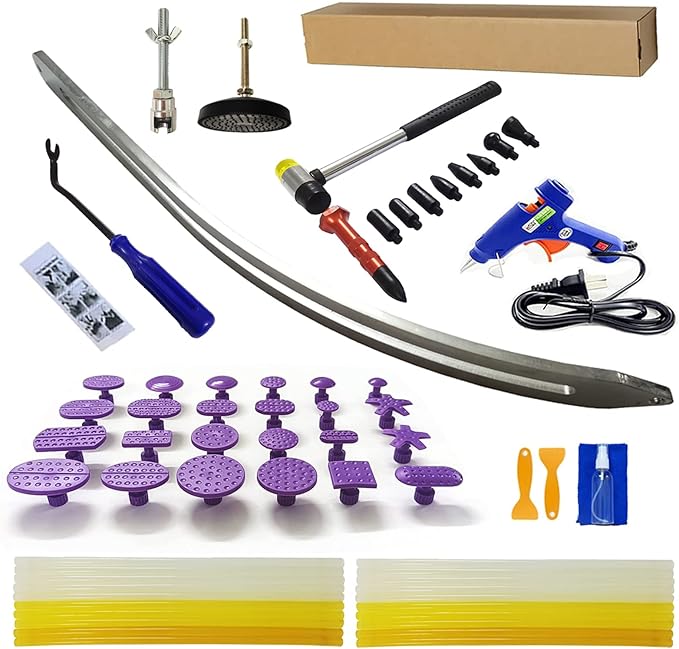 67pcs/Set Car Paintless Dent Removal Kit, Auto Fender Damage Repair Big Curved Rod Crowbar Puller Lifter Rods Tools with Glue Tabs, Glue Sticks, Leveling Tools and more for Car Body Dent Repair
