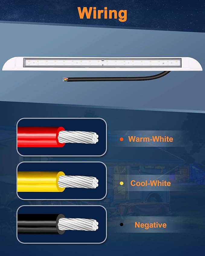 Raycharm 20" RV & Marine Boat LED Awning Porch Utility Light Fixture, 40° Down Angle, Amber/White Beam, 12V/24V DC, Waterproof IP67, Plastic Housing White Finish, 2-Pack