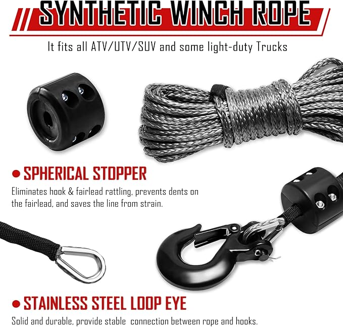 SPARKWHIZ Synthetic Winch Rope Kit 1/4" x 50ft 9500lbs Winch Rope Line Cable with Protective Sleeve, Rubber Stopper and Heavy Duty Winch Hook for Towing ATV UTV SUV