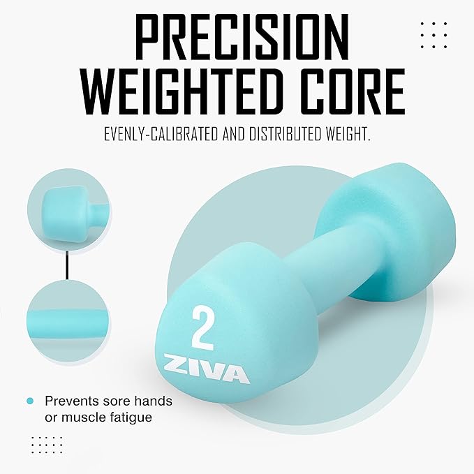 ZIVA Neoprene Tribell Dumbbell Pairs - Set of 2 Hand Weights, Non-Slip Durable Rubber Finish, No-Roll Design for Rigorous Exercise and Strength Training (Avail in 2-20 lb Pairs)
