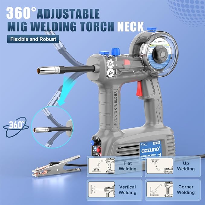 AZZUNO Handheld MIG Welder 100A, 110V Flux Core Welder Machine with 360° MIG Torch, Portable Gasless MIG Welding Machine, Handheld Wire Feed Welder