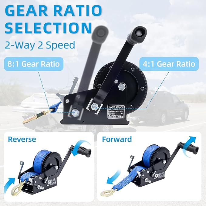 3500LBS Heavy Duty Boat Trailer Winch with 32FT Strap, 2-Way Ratchet, 4:1/8:1 Gear Trailer Winch, Portable Hand Crank for Boat, Truck, Trailer, RV, ATV, Jet Ski