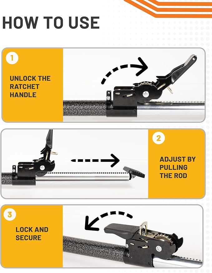 Strapinno - Ratcheting Cargo Bar 44"-74", Non-Slip Truck Bed Divider, Easy Setup, Strong 1.25" Tube, Adjustable Stabilizer for Pickup Trucks