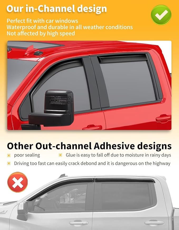 in-Channel Window Rain Guards Fit for Truck Chevy Silverado/GMC Sierra 2500HD 3500HD 2020-2026 Crew Cab Extra Durable Window Visors Window Deflectors Vent Shades Car Accessories-4 pcs 2-Q12