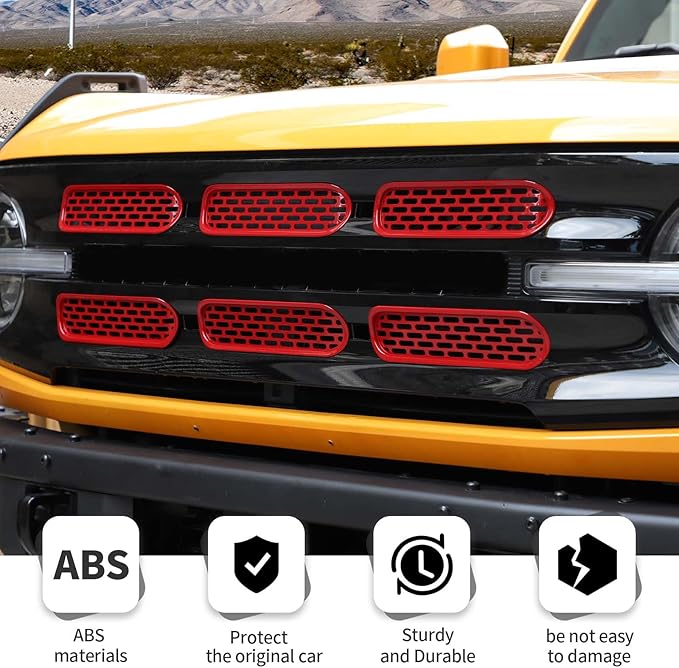 Jimen Compatible with Ford Bronco 2021-2023, 6PCS Front Grille Inserts Mesh Grill Cover Exterior Trim Accessories (Red)