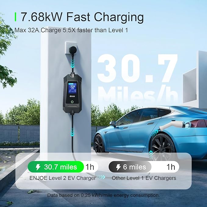 Level 1 & 2 EV Portable Charger up to 32Amp, 110V / 240V with 25ft Type1 J1772 Cable, NEMA 5-15 & 14-50 Plug Indoor/Outdoor EVSE, Home/Travel Electric Car Charging Station