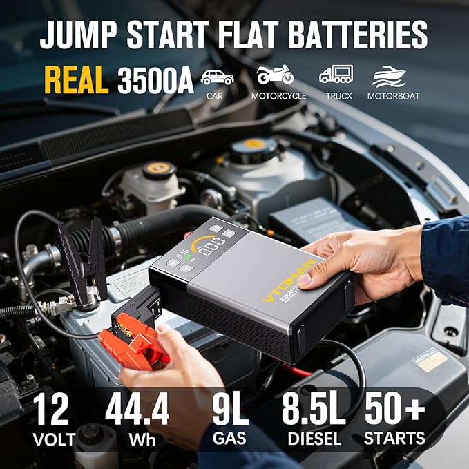 VTOMAN X3 Jump Starter with Air Compressor, 3500A Portable Car Battery Jumper Starter (9L Gas/8.5L Diesel Engines) with 160PSI Auto-Shutoff Tire Inflator, 12V Lithium Battery Booster Pack, Jump Box