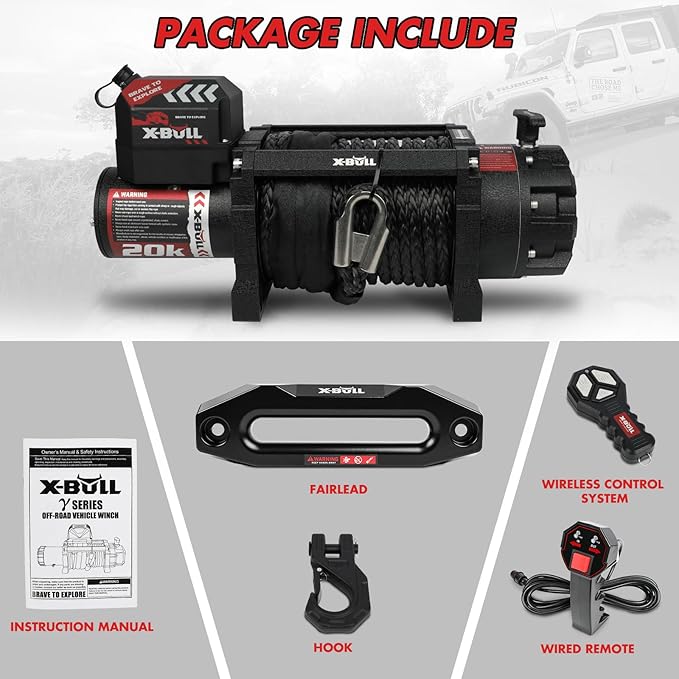 X-BULL Winch-20000 lb. Load Capacity Electric Winch Kit 12V Synthetic Rope,Waterproof IP68 Electric Winch with Hawse Fairlead, with Wireless Handheld Remote and Corded Control Recovery