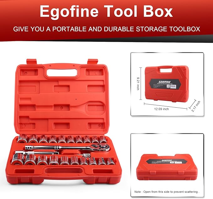 Egofine 1/2" Drive Socket Set, 23 Piece Standard SAE (7/16 to 1 inch) and Metric (13-19, 21, 22, 24mm) 6 Point, with Quick Release Ratchet, Extension Bars, Drive Drill Adapter