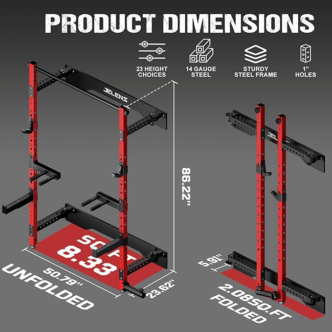 Folding Squat Rack, Wall Mounted Power Rack for Home Gym, Space Saving Multi-Functional Power Cage with Attachments