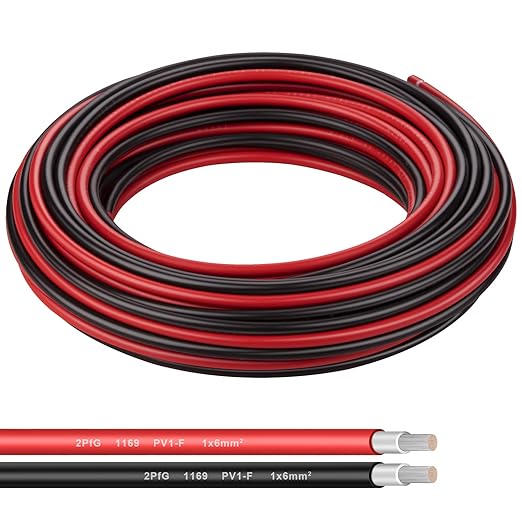 10AWG (6mm²) Tinned Copper PV Extension Cable - Solar Panel Connection Wire for Outdoor RV Marine Automotive Boat (50FT Black + Red Pair)