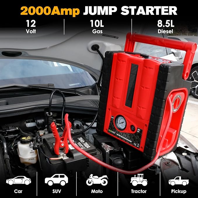 2000A 12V Solar Car Battery Jump Starter-20000 mAh Portable Power Station with 100 PSI Faster Air Compressor, 400W Inverter AC/DC/USB Ports and LED Lights, for Up to 10L Gas and 8.5L Diesel Engine