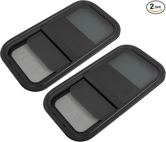 2 Pack 12" W x 24" H RV Window Vertical Sliding, DOT Certified - Shatterproof Tempered Tinted Glass, with Net Screen and Trim Ring, Teardrop Replacement Trailer Camper Window