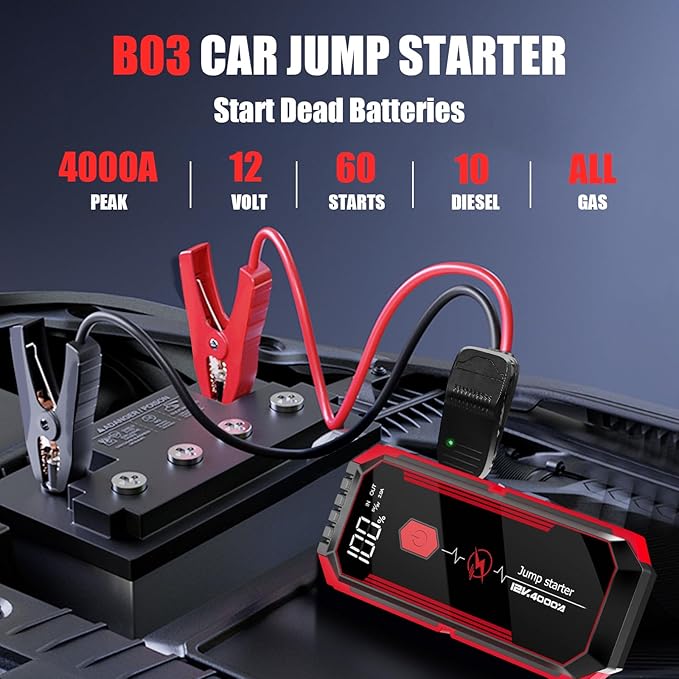 Car Battery Jump Starter 4000A: Battery Jumper Starter Portable Charger with Jumper Cables, 12V Auto Jump Starter Battery Pack - Car Starter Jump Box for All Gas & 10.0L Diesel Engines, Black & Red