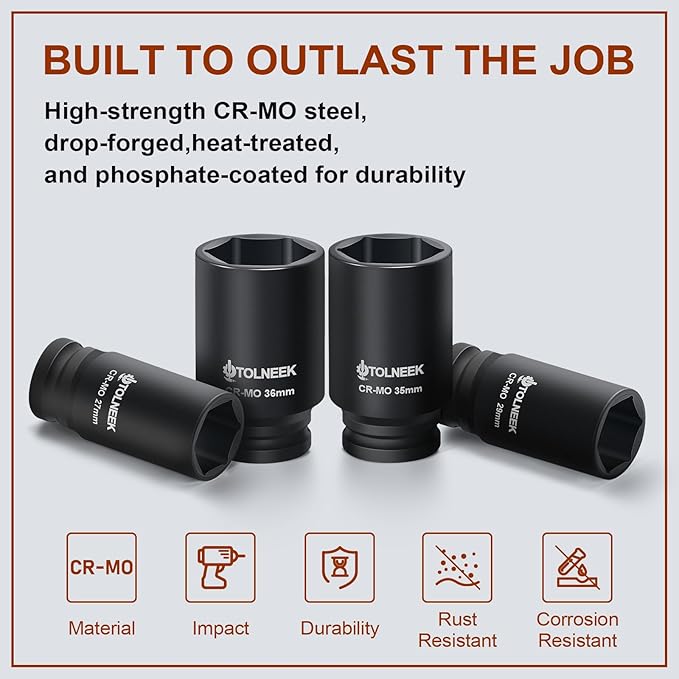 3/4" Impact Socket Set, 22PCS 6-Point Metric Sizes (19mm-50mm), Cr-Mo Steel Set with Adapters, Quick Release Ratchet Wrench, Andextension Rod & Durable Storage Case