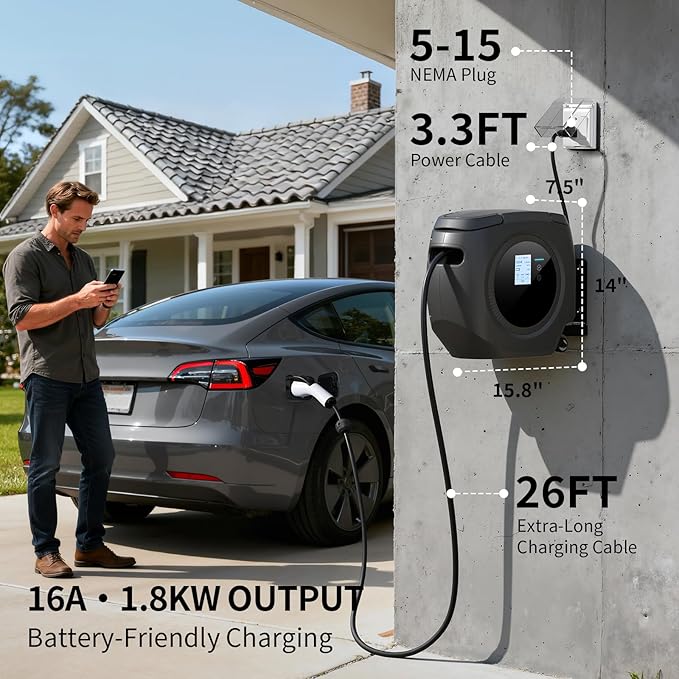 Level 1 EV Charger for J1772 Electric Cars – 110V 16A, 26FT Cable, NEMA 5-15 Plug, Wi-Fi Support, Portable Connector for Home or Travel (Black)