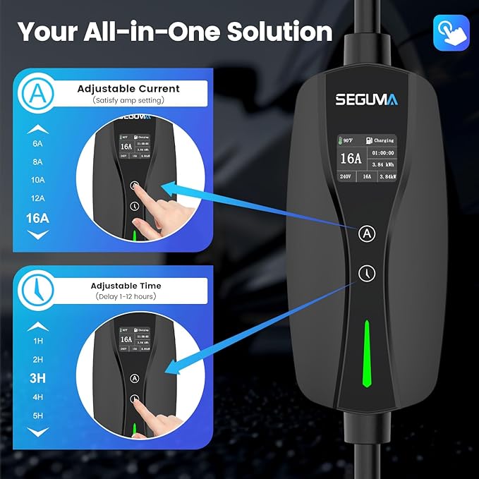 Level 1/2 EV Charger, 16Amp Adjustable Current Electric Car Charger NEMA 5-15 Plug/NEMA 6-20 Adapter, Timing Delay & LED Display 25FT Cable Portable EV Charging Station for J1772 BEVs/PHEVs 110V-240V