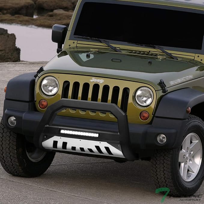 Matte Black AVT Style Aluminum LED Light Bull Bar Brush Push Front Bumper Grill Grille Guard with Stainless Skid Plate Compatible with 07-09 Jeep Wrangler JK