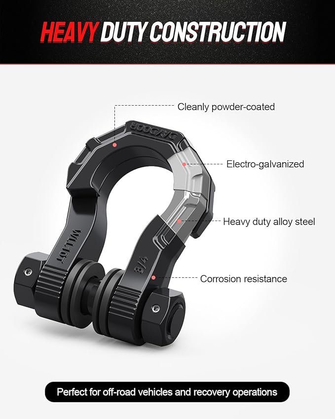 DAYDOOR 3/4" D Ring Shackles, Heavy Duty D Ring Shackles with 7/8 Pin, 45,000 lbs Break Strength Easy Open Towing Shackle for Off-Road Recovery, Winch, Trucks, Jeep, SUV & ATV (2 Pack) (Black)