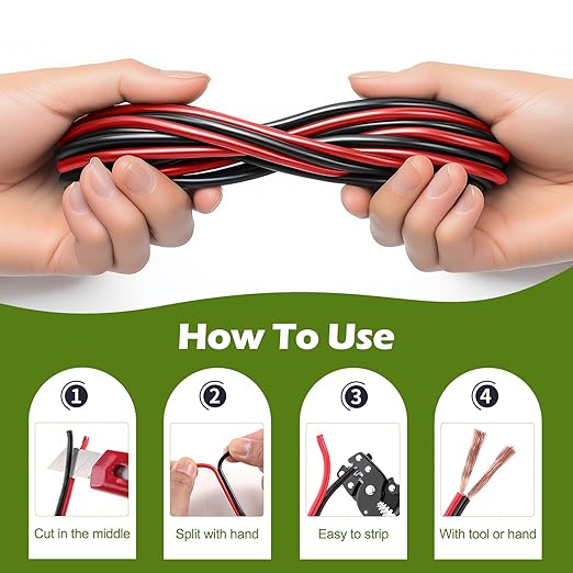 100FT 12/2 Gauge 2pin 2 Color Red Black Cable Hookup Electrical Wire LED Strips Extension Wire 12V/24V DC Cable, 12AWG Flexible Wire Extension Cord for LED Ribbon Lamp Tape Lighting