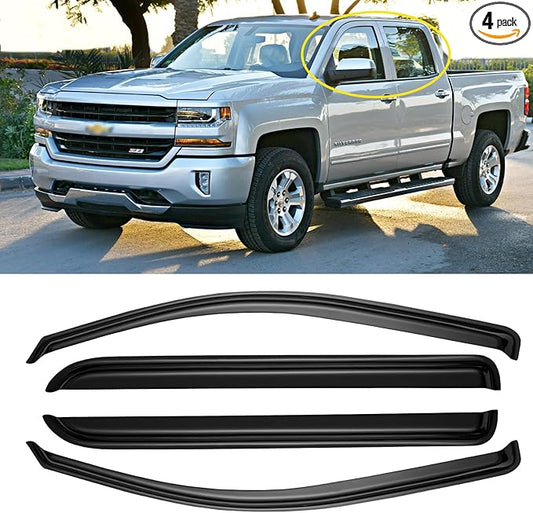 Window Rain Guards for 2014-2018 Chevy Silverado/GMC Sierra 1500 Crew Cab & 15-19 Silverado/Sierra 2500HD 3500HD, Window Visor Vent Wind Shade Deflector Shield Protector Sun, for Full-Size Cab Only