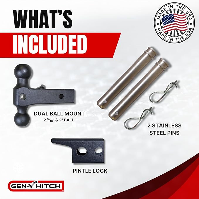 GEN-Y Hitch Tow Hitch for 2.5" Receiver | 6" Drop - 3 Adjustable Positions | 21k LBS Towing Capacity | 3k LBS Tongue Weight | Includes Dual Ball-Mount Attachment, Pintle Lock, 2 Locking Pins, Silver