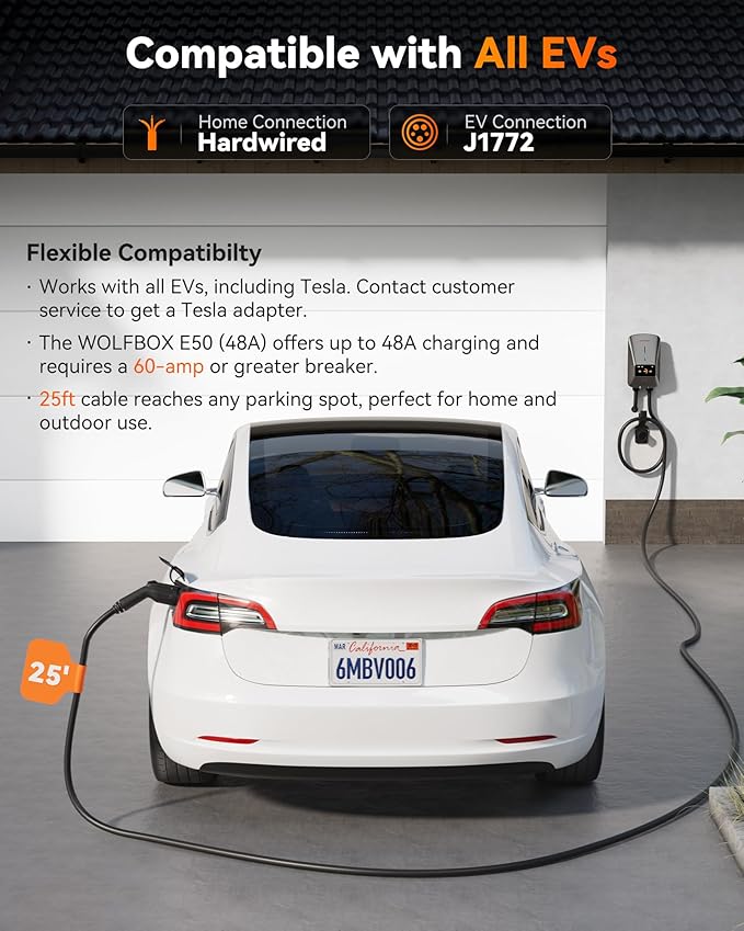 WOLFBOX Level 2 EV Charger 48 Amp - Smart Display, RFID Card, 25ft Cable, Outdoor/Indoor, Hardwired EV Charger Level 2, WiFi Enabled Electric Car Chargeing, 240V Electric Vehicle Charging Stations
