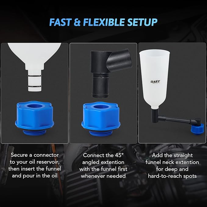 Orion Motor Tech 2 qt Engine Oil Funnel Set with Flexible Extension & 8 Adapters, Spill Free Large Funnel for Automotive Use- Compatible with Toyota Jeep Mazda Ford Dodge and More