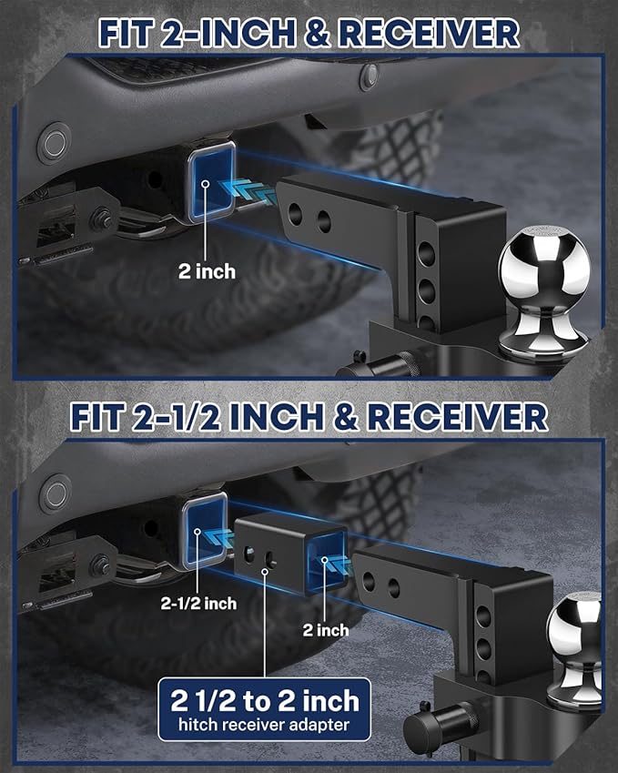 Kohree Adjustable Trailer Hitch with 3 Replaceable Balls for 2" & 2.5" Receiver, 6" Drop/Rise, 12,500 lbs GTW Heavy Duty Aluminum Hitch Kit with Lock, Fits Trucks, SUVs, RVs, Class III & IV Vehicles