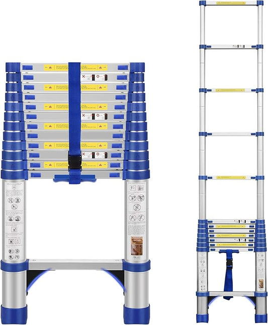 12.5FT Aluminum Extension Ladder, Telescoping Ladder w/Triangle Stabilizers and Non-Slip Feet, 330lbs Capacity Lightweight Retractable Ladder for Work, RV and Outdoor Blue