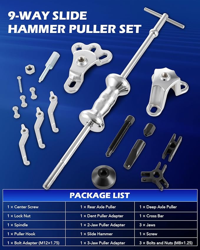 Orion Motor Tech Slide Hammer, 9-Way Internal/External Slide Hammer Puller Set - Pulls Hubs, Rear Wheel Axle Shafts, Bearings, Bushings, Seals, Retainers